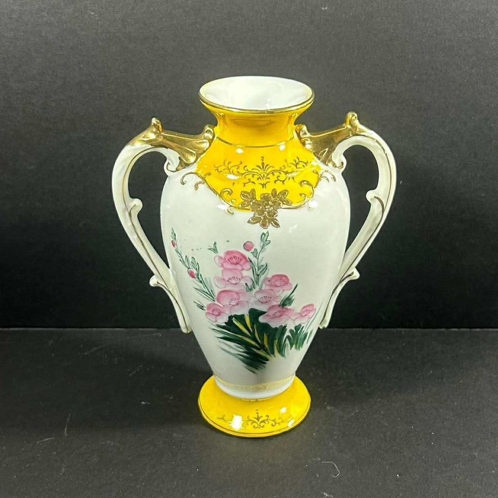Porcelain Vase Yellow Gold Gilt Floral Hand Painted Double Handled Japan